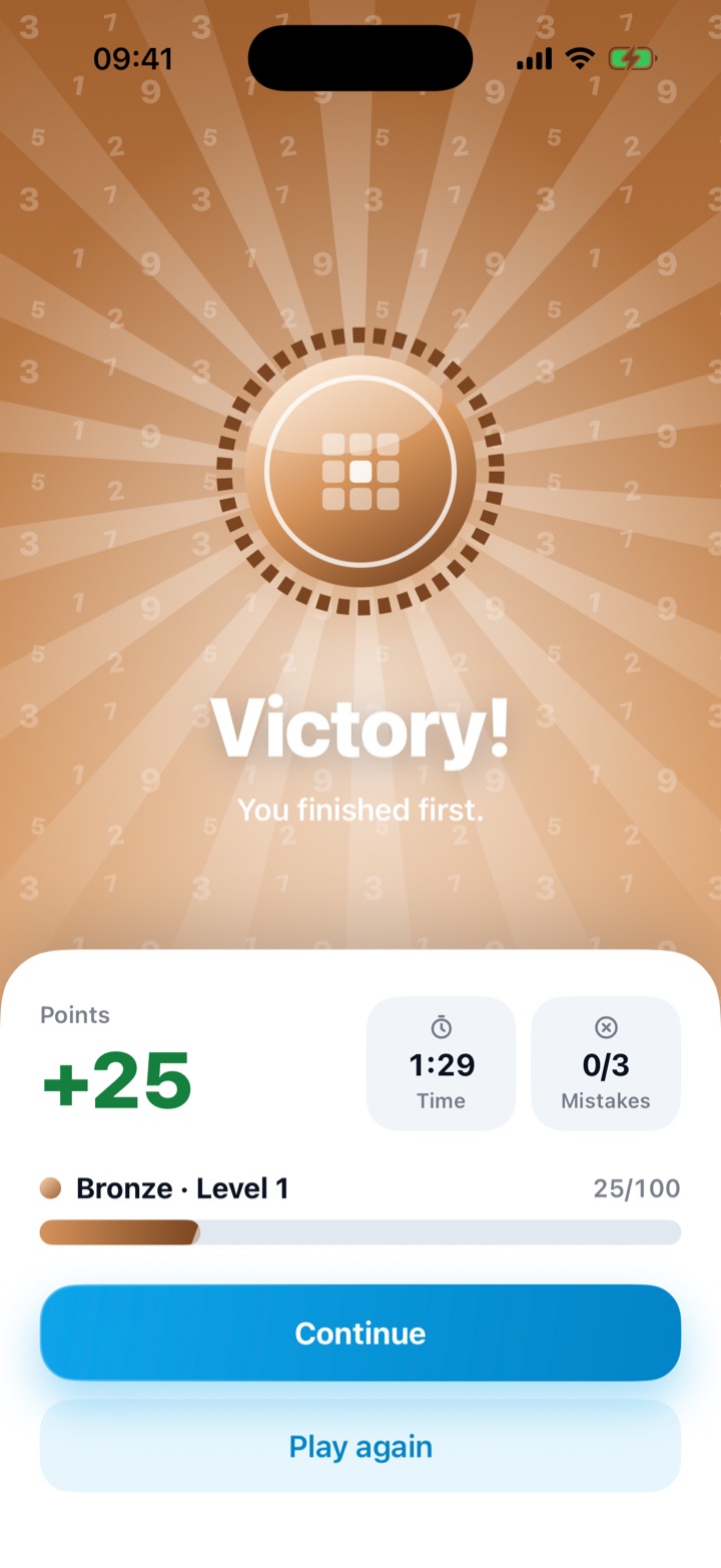 The result screen after a win, with the points earned